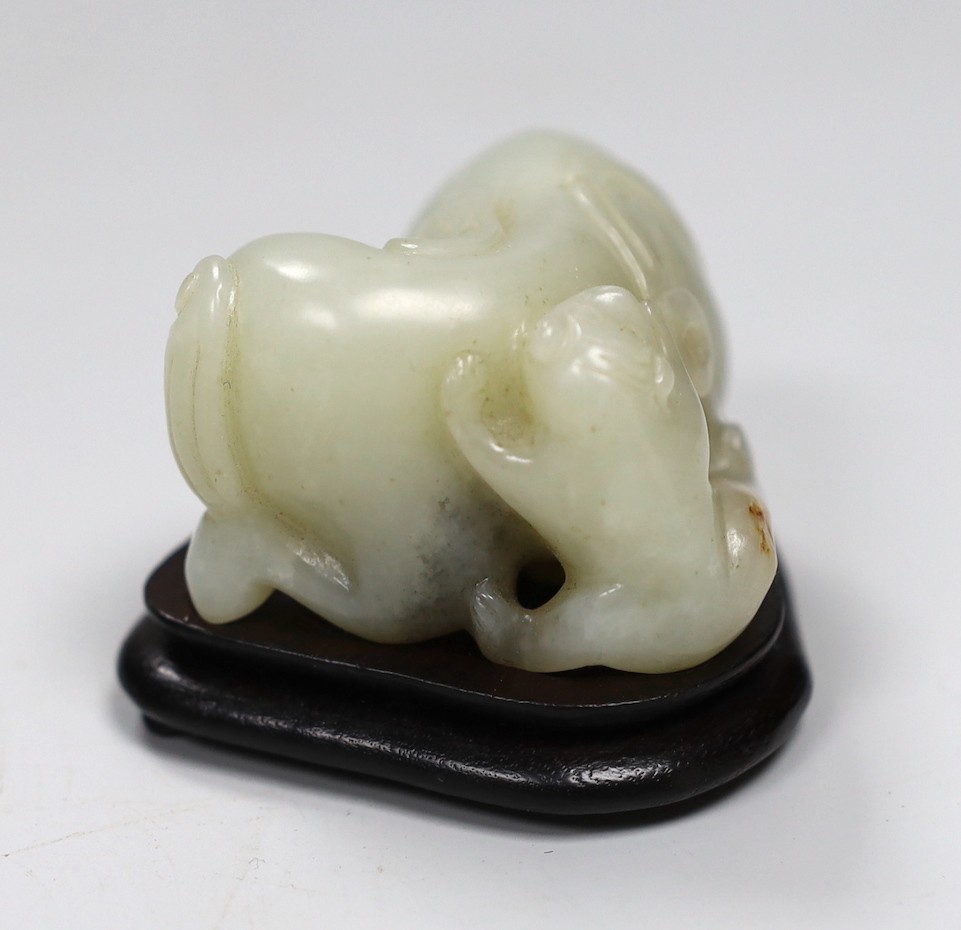 Chinese white jade carving of a monkey and elephant, with wooden stand - 8cms wide and a Chinese bronze figure